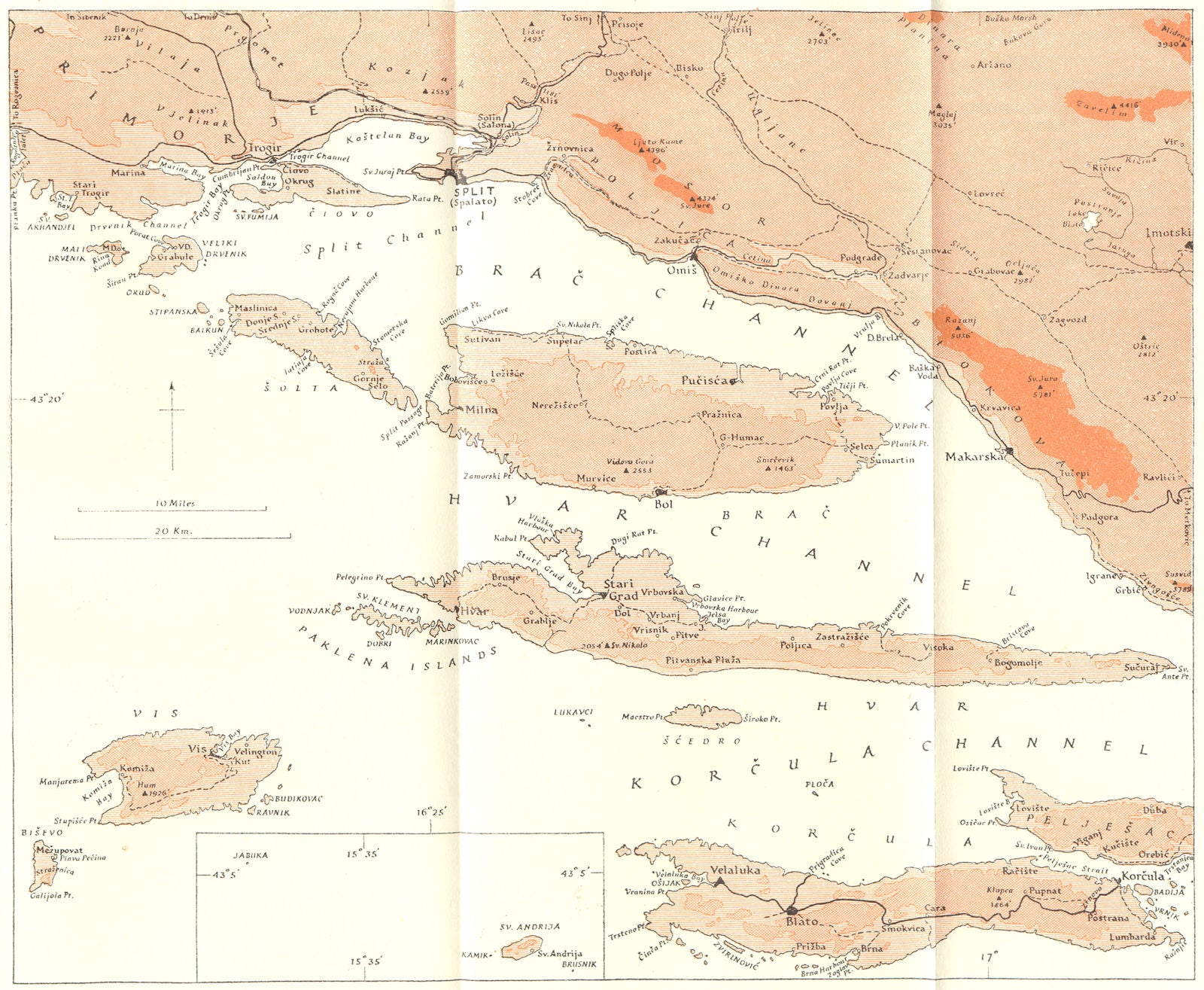 HVAR. island Brac, Korcula Vis, coasts Mainland 1944 old vintage map chart